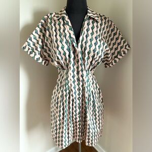 NWT Saloni Riya Ocean Stripe Seashell Print Stretch Cotton Pleated Mini Dress